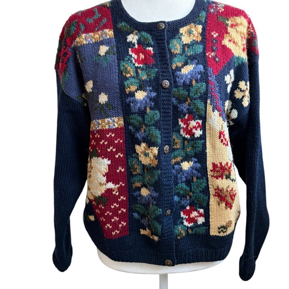 Vintage Talbots Hand Knit 100% Wool Flowers Cardigan Large Cottage Core Floral - Picture 2 of 6